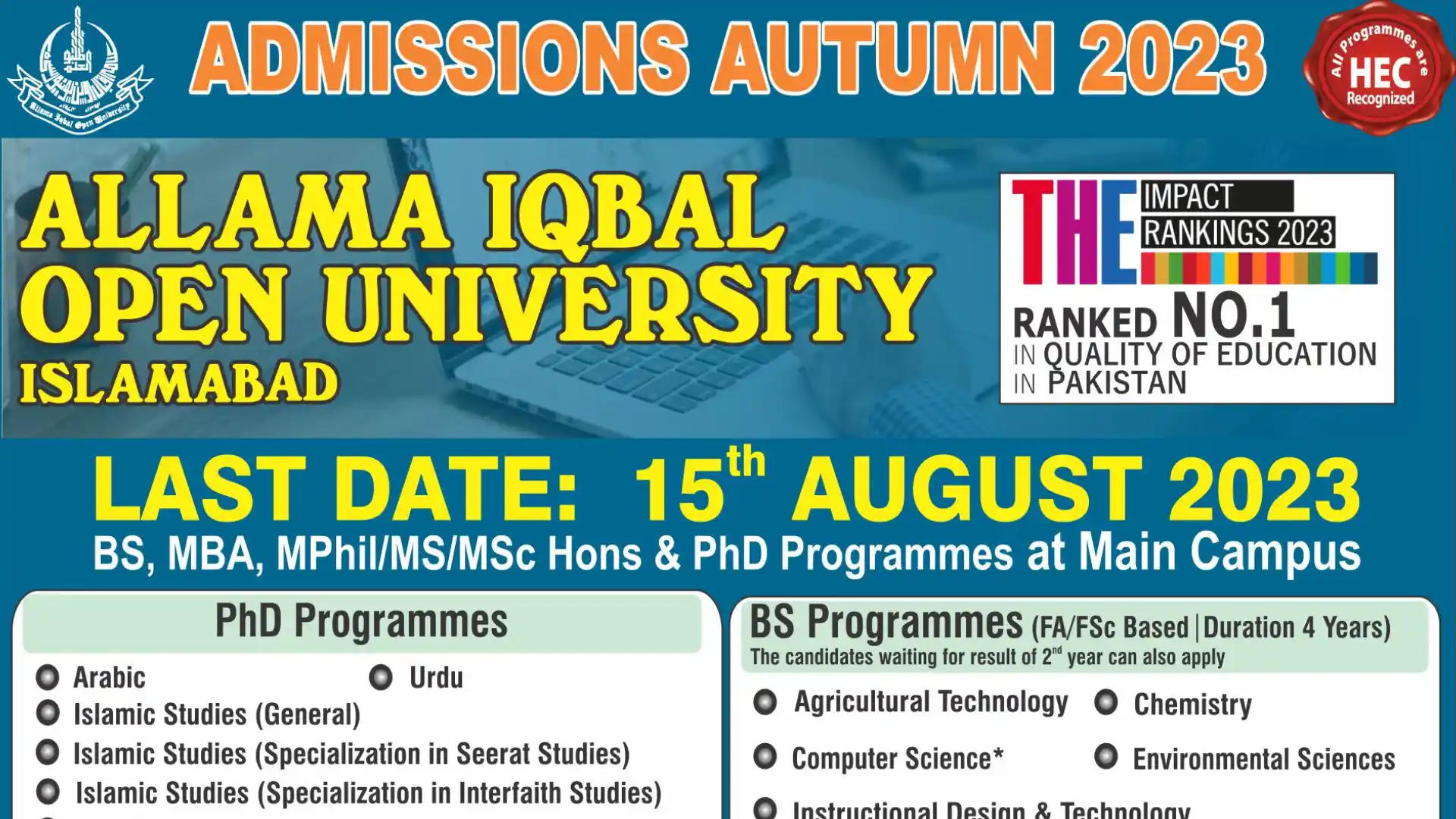 Allama Iqbal Open University 2023 Enrollment